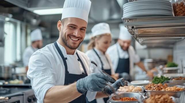 A smiling chef wearing a white chef's hat and apron works in a busy kitchen, preparing various dishes with other chefs around, showcasing teamwork and culinary skills.