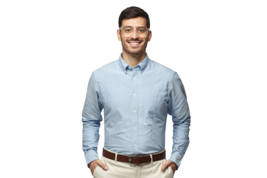 Smart businessman smiling at camera, wearing trendy transparent glasses