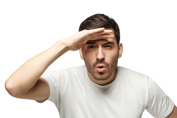 Naklejka premium Picture of man looking far away as if looking for some place or great perpectives for business