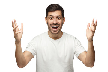 Young happy crazy man showing big size gesture with hands, emphasizing great amount of something