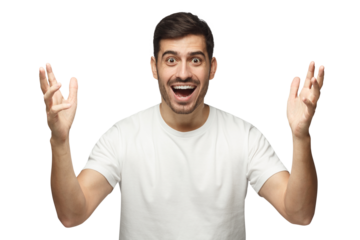 Young happy crazy man showing big size gesture with hands, emphasizing great amount of something