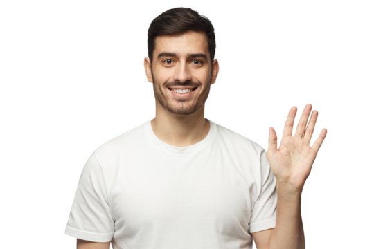 Young smiling man greeting someone with open hand, enjoying communication