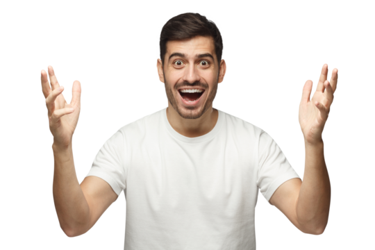 Young happy crazy man showing big size gesture with hands, emphasizing great amount of something - Powered by Adobe