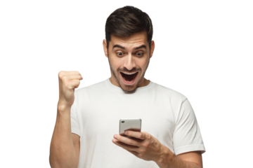 Happy man holding phone having won something