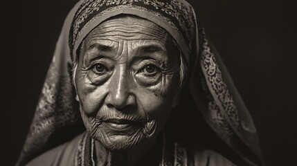 Fototapeta premium Generative AI, Enduring wisdom and the cultural heritage reflected in the face of an elderly woman