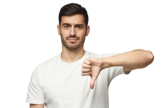 Young man showing thumb down or dislike