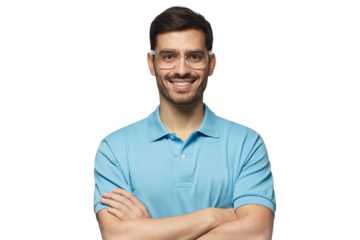 Handsome young man in blue polo shirt and trendy glasses standing with crossed arms