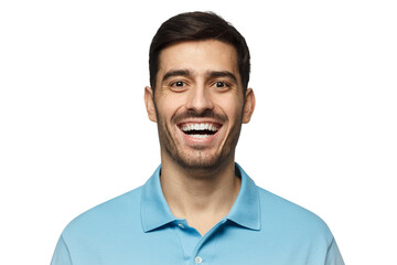 Obraz premium Laughing out loud man. Handsome young man in blue polo shirt smiles broadly, laughing, showing perfect white teeth
