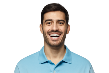 Laughing out loud man. Handsome young man in blue polo shirt smiles broadly, laughing, showing perfect white teeth