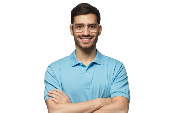 Handsome young man in blue polo shirt and trendy glasses standing with crossed arms