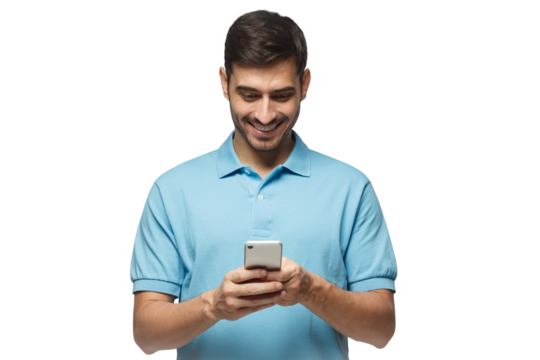 Young man standing looking at screen of his phone with smile, browsing web or chatting with friend