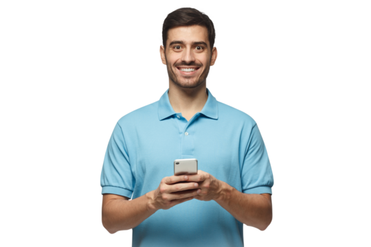 Young man standing, holding smartphone, looking at camera and smiling nicely