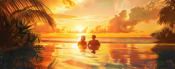 A couple silhouetted against a sunset, swimming in a pool overlooking the ocean