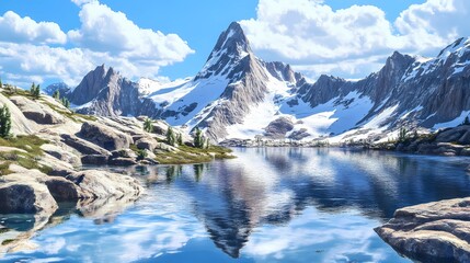 Fototapeta premium A serene mountain lake with crystal clear water reflecting the surrounding snowy peaks and fluffy clouds.