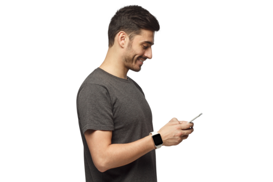 Side portrait of handsome man, wearing smartwatch, looking at phone screen - Powered by Adobe