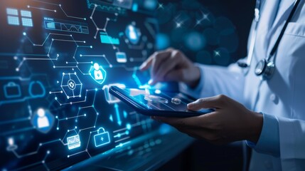 Health care and medical technology services concept. Medical worker using data virtual with health care icons, medical technology background, health insurance business.Health Insurance, telemedicine