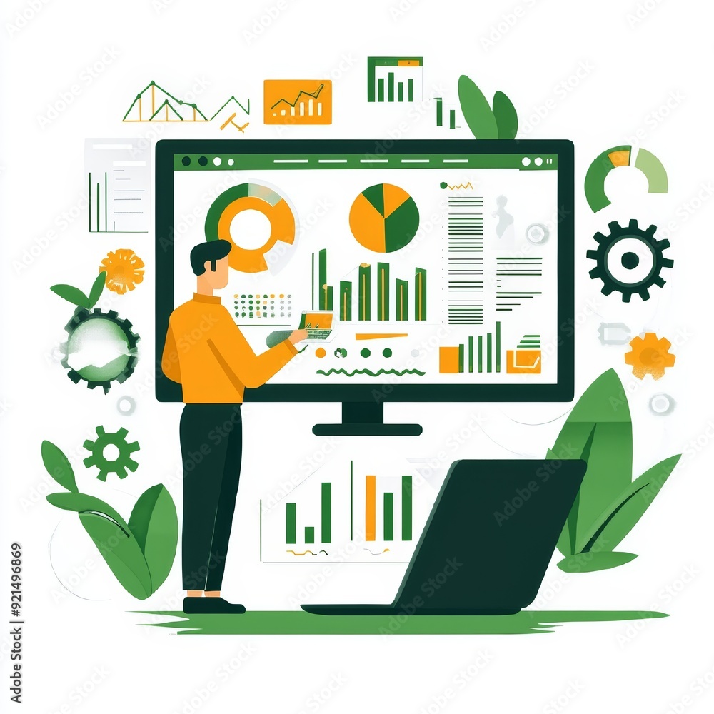 Poster businessman analyzing data on computer screen