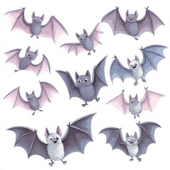 Fototapeta premium Playful Cartoon Bats in Soft Pastel Tones Flying on White Background