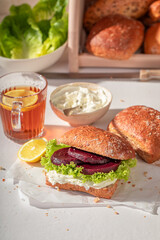 Healthy and delicious sandwich with cheese and beetroot.
