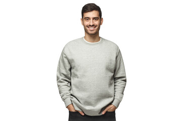Fototapeta premium Young handsome man in standing casual gray sweatshirt