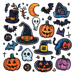 Obraz premium Playful Hand-Drawn Halloween Stickers in Whimsical Style on White Background for Festive Decoration and Crafts