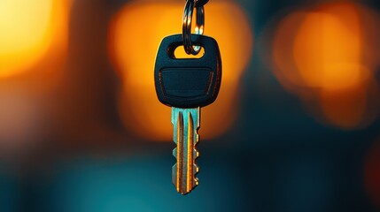 High-resolution image of a small bicycle key dangling from a keyring, the black plastic-covered top part of the key in sharp focus, with a blurred background to emphasize the key is details