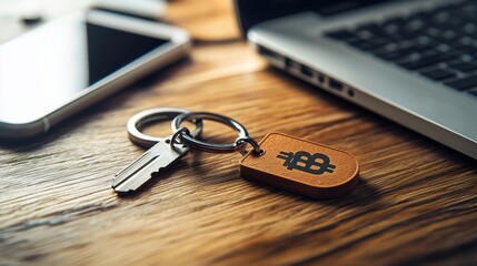 A close-up view of a sleek keychain with a digital cryptocurrency wallet symbol engraved on it, placed on a modern workspace desk with a laptop and smartphone in the background, representing digital