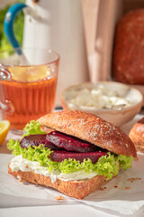 Tasty and homemade sandwich for breakfast in morning.