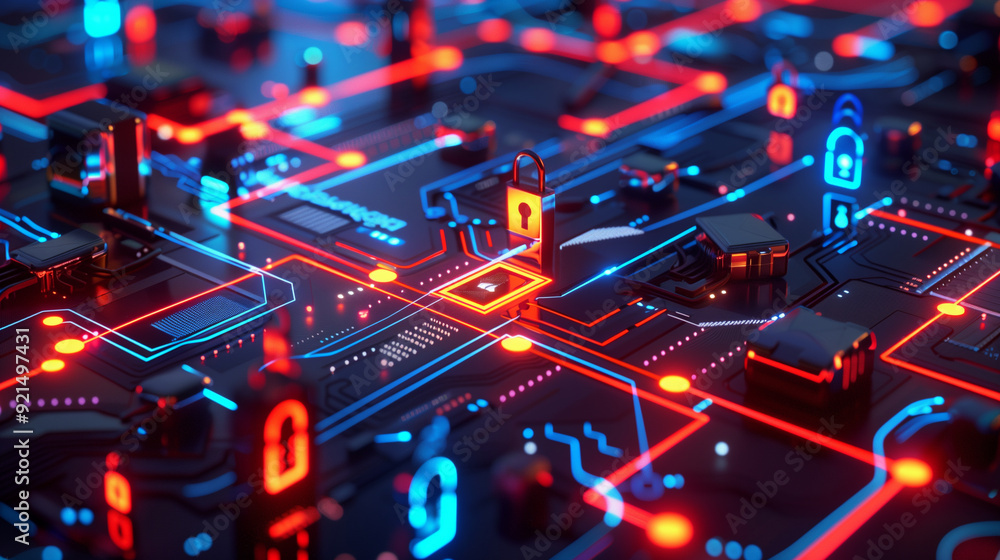 Poster a secure digital data transfer with encrypted data streams flowing between devices. including lock i