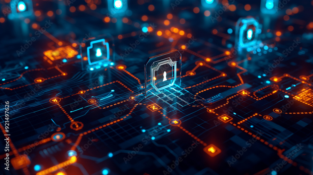 Poster a secure digital data transfer with encrypted data streams flowing between devices. including lock i