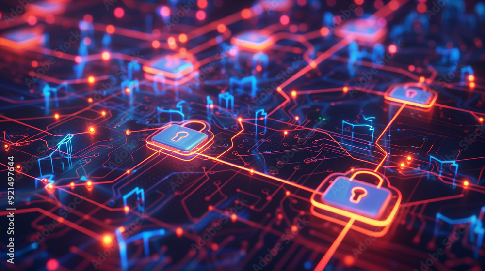 Poster a secure digital data transfer with encrypted data streams flowing between devices. Including lock icons, shields, and glowing data paths to emphasize security, cybersecurity concept 