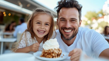 A joyous father and his young daughter are seen smiling widely while enjoying a delicious dessert at an outdoor cafe, capturing a sunny day filled with happiness and family bonding.