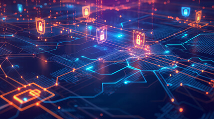 a secure digital data transfer with encrypted data streams flowing between devices. Including lock icons, shields, and glowing data paths to emphasize security, cybersecurity concept 