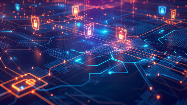 a secure digital data transfer with encrypted data streams flowing between devices. Including lock icons, shields, and glowing data paths to emphasize security, cybersecurity concept 