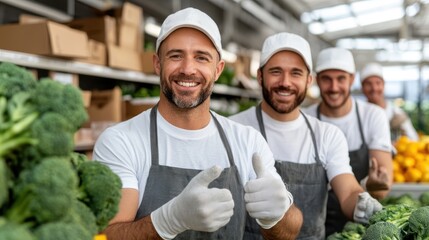 A group of smiling supermarket workers in aprons are giving thumbs up, standing in the produce aisle, showcasing their teamwork and positive attitude towards their job.