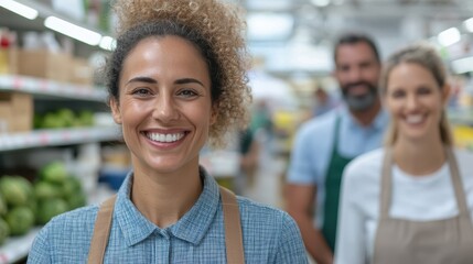 A smiling female supermarket worker in the produce aisle, surrounded by fresh produce and flowers, showcasing the welcoming and friendly atmosphere of the store.