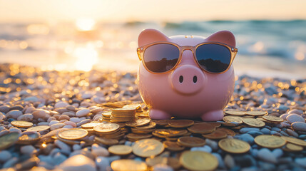 Relaxing Pink Piggy Bank on Summer Beach with Gold Coins, Finance and Savings Theme