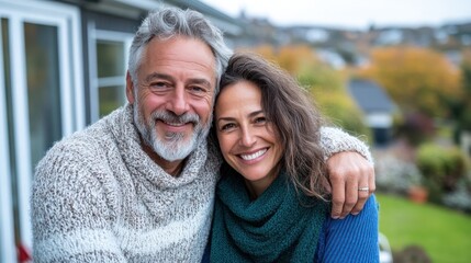A happy couple in cozy sweaters embraces outdoors with an autumn backdrop, signifying love, warmth, and the beauty of a mature relationship set in a vibrant environment.