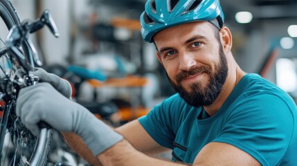 A young bearded mechanic with a helmet is happily fixing a bicycle in a workshop, representing passion for mechanics, concentration, and a commitment to craftsmanship.