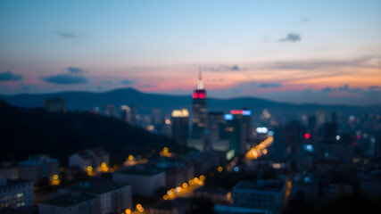 Bright glowing lights of district in megapolis under dusk sky in evening on blurred background. Generative AI