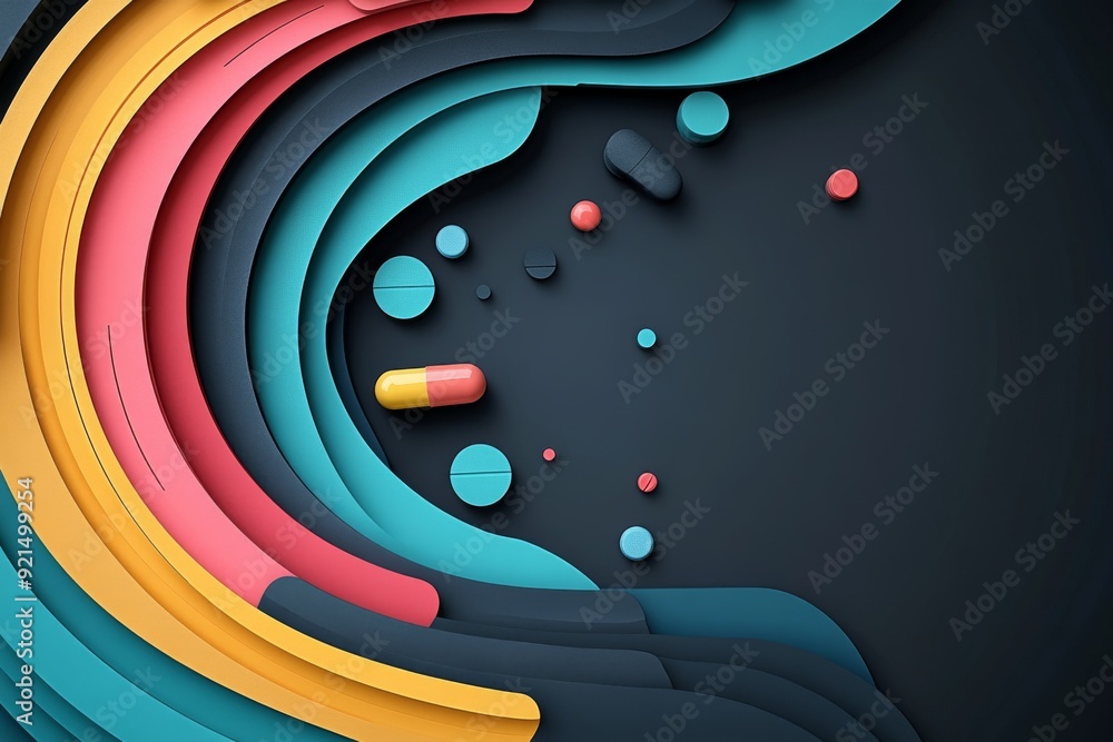 Poster 3d waves interacting with colorful pills symbolizing fluidity in medication management