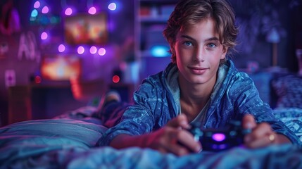 Joyful youth - a delighted child engaged in video gaming, showcasing excitement and immersive experience of digital play, emphasizing fun and interactive nature of electronic entertainment.