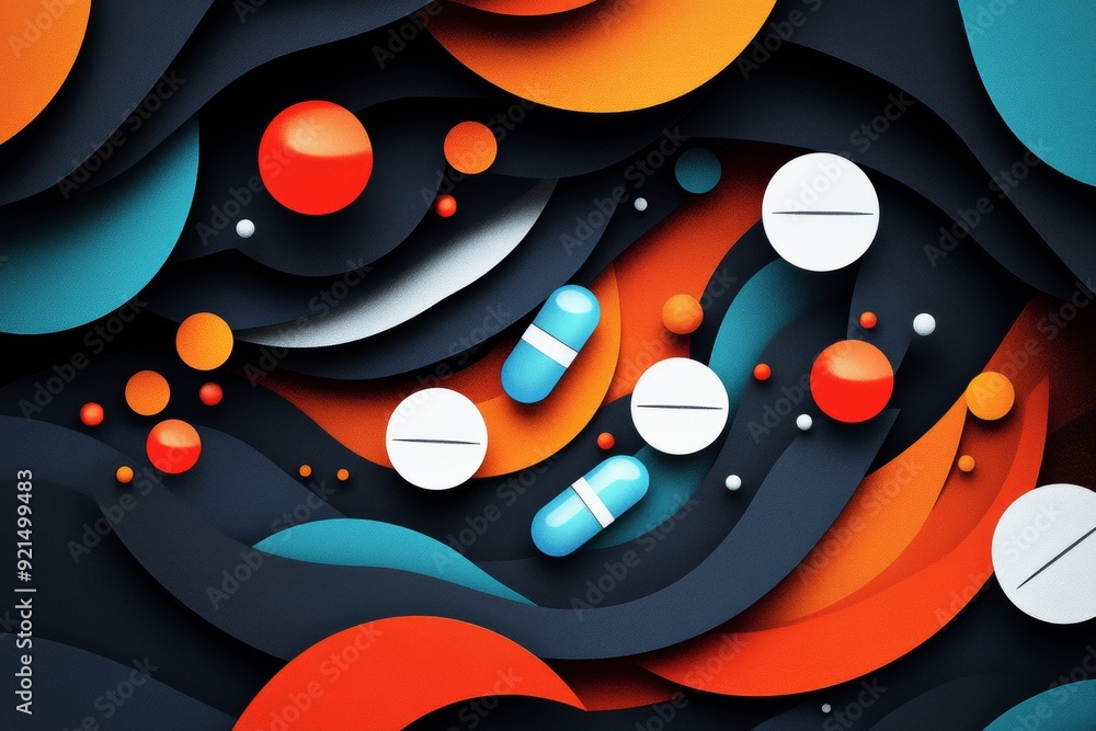 Poster colorful pills and capsules exploding from a central point visualizing medical breakthrough