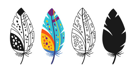 Feather linear icon, cartoon symbol set. Hand drawn outline stylized bird feathers with ethnic boho ornamental pattern. Simple sign birds feathers silhouette shape or doodle art. Isolated vector