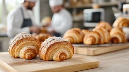 Two chefs are seen in a bakery, focusing on preparing and displaying croissants on cutting boards. The ambiance reflects the dedication and skill of professional baking.