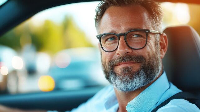 A man confidently driving a car and smiling, enjoying a sunny day outside. His demeanor reflects satisfaction and a positive outlook, encapsulating the joy of a pleasant drive.