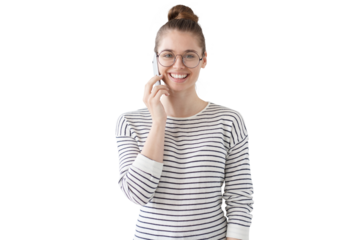 Side portrait of young woman wearing glasses, talking on the phone