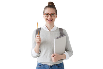 Happy female student is ready to take notes with pencil and notebook