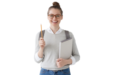 Happy female student is ready to take notes with pencil and notebook