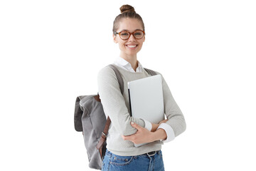 Student girl in glasses holding closed laptop with positive smile, looking forward to studying in...